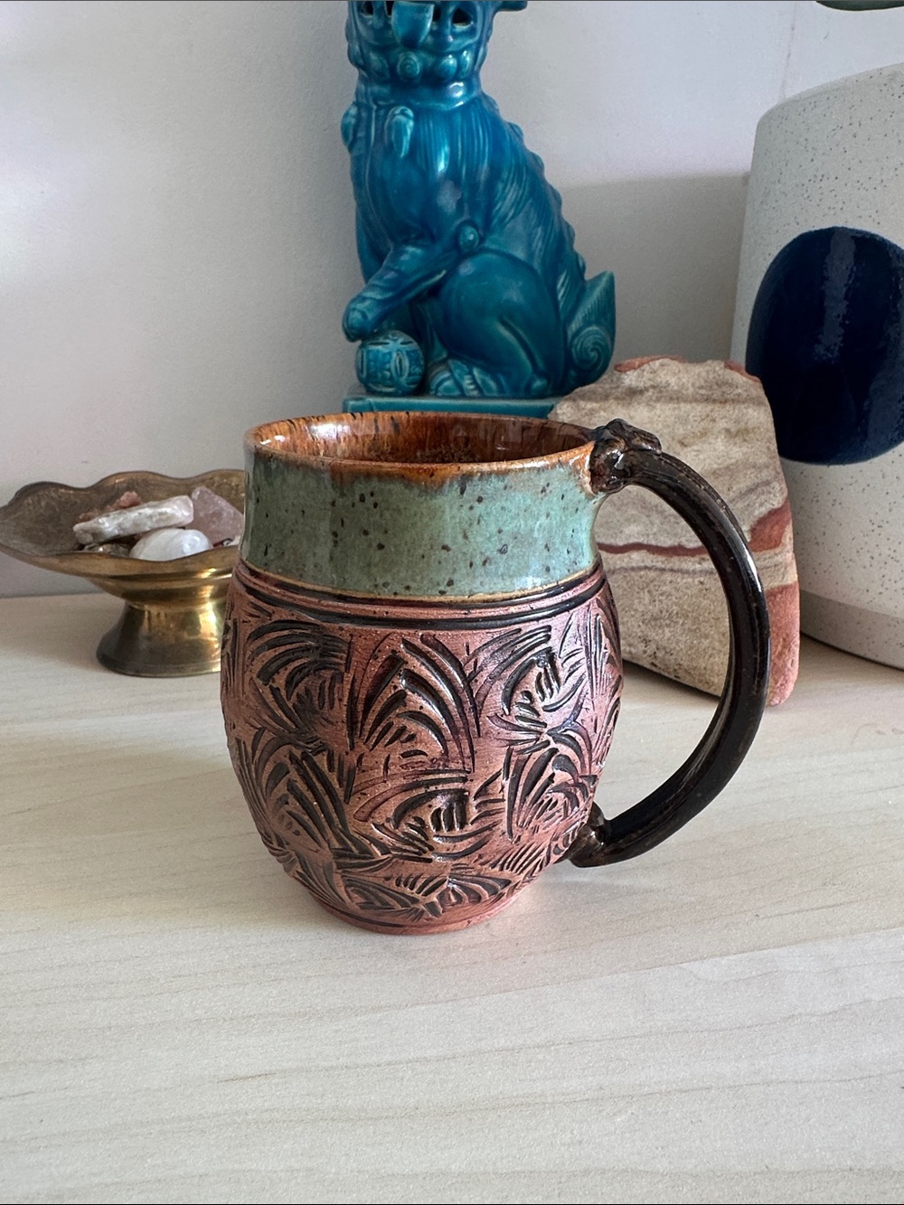 Textured Copper-Tone Ceramic Mug with Green Glaze Rim